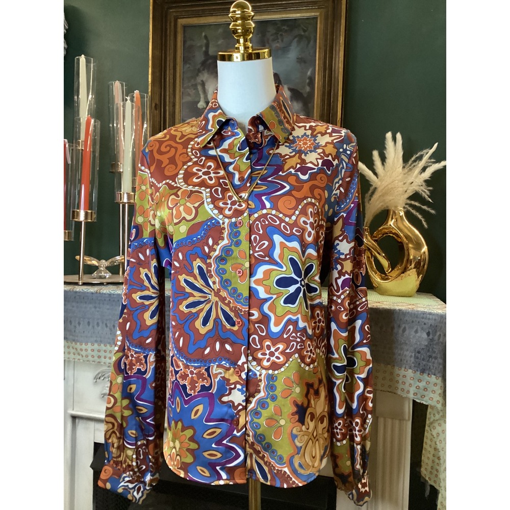 Rachel Zoe Womens Small Psychedelic Paisley Floral Button Down Blouse Multicolor